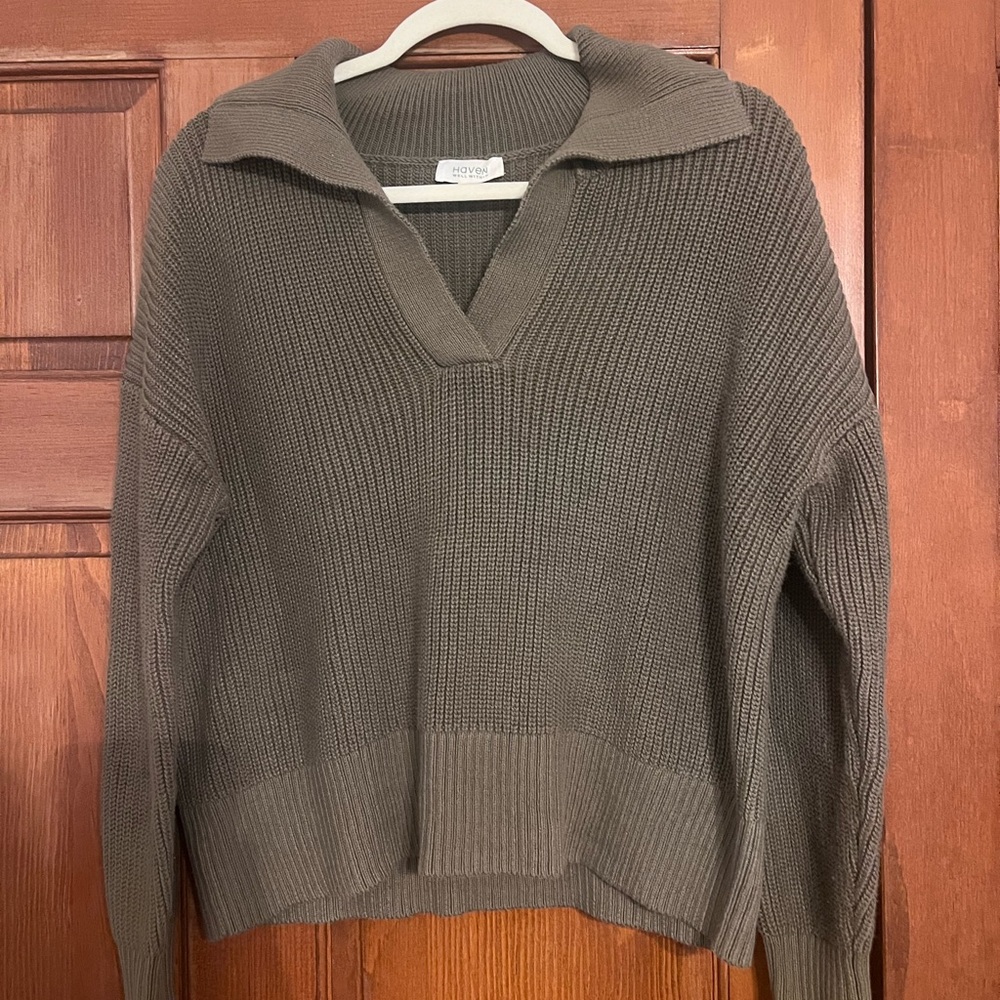 Haven Olive Collared V-Neck Ribbed Sweater